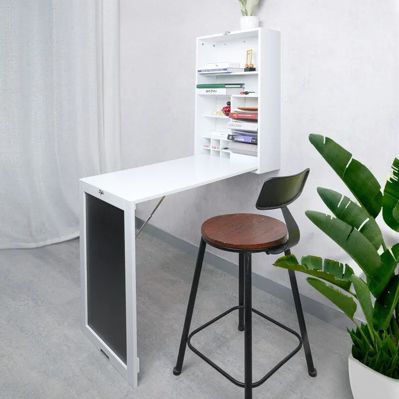 Fold Down Desk Table Wall Cabinet With Chalkboard, White