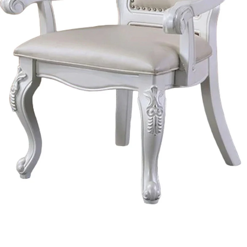 Dining Armchair Set of 2, Carved Cabriole, Faux Leather, White Wood