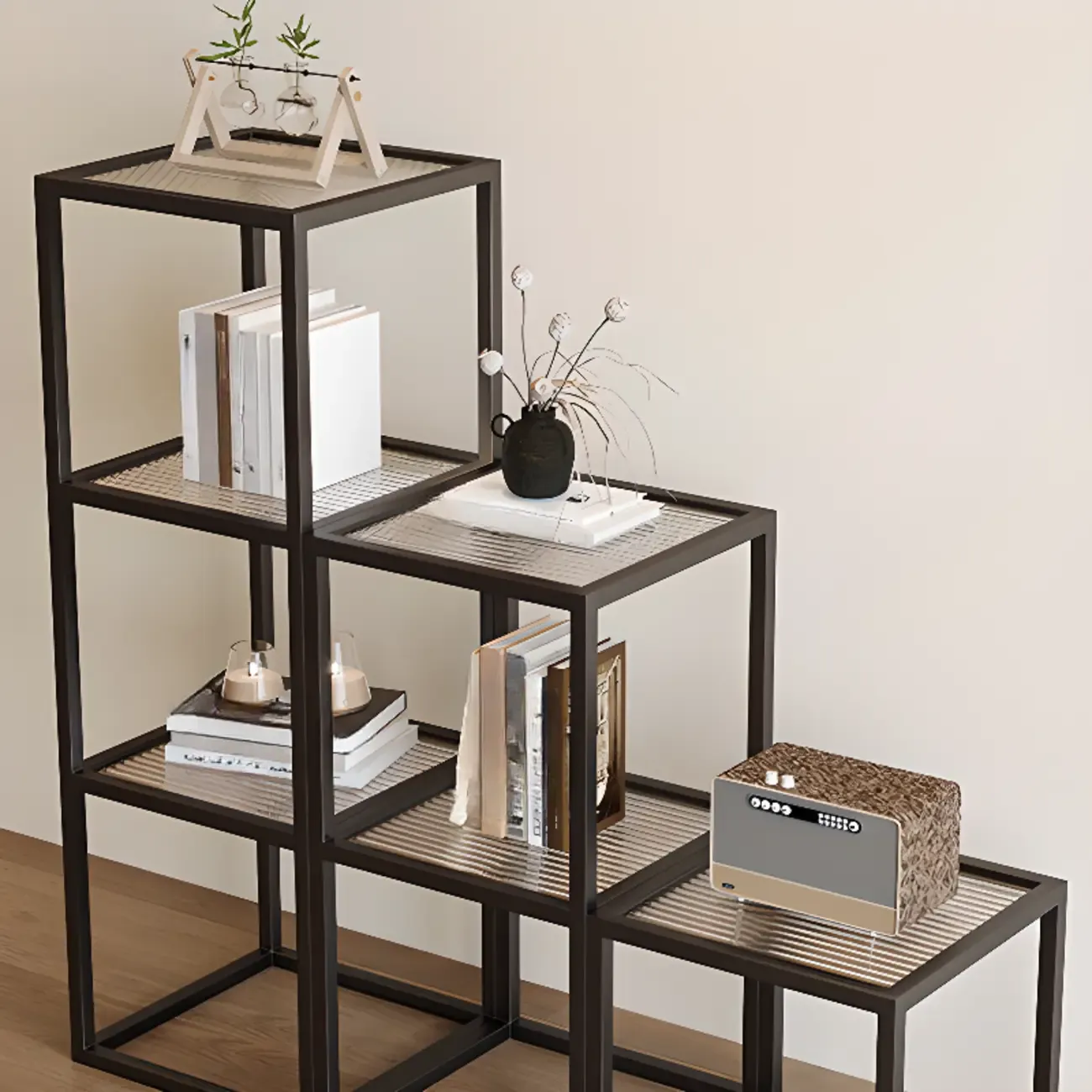 Modern Cube Open Metal Frame Black Bookcase