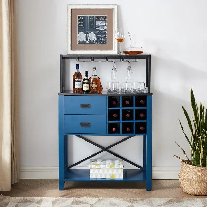 Blue / White Wood Buffet Bar Cabinet with Wine Rack, 9-Bottle Storage