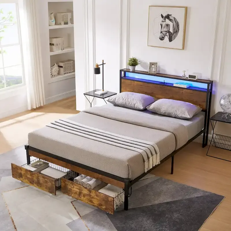 King Size Metal Platform Bed with LED Lights, Wooden Headboard and Two Storage Drawers