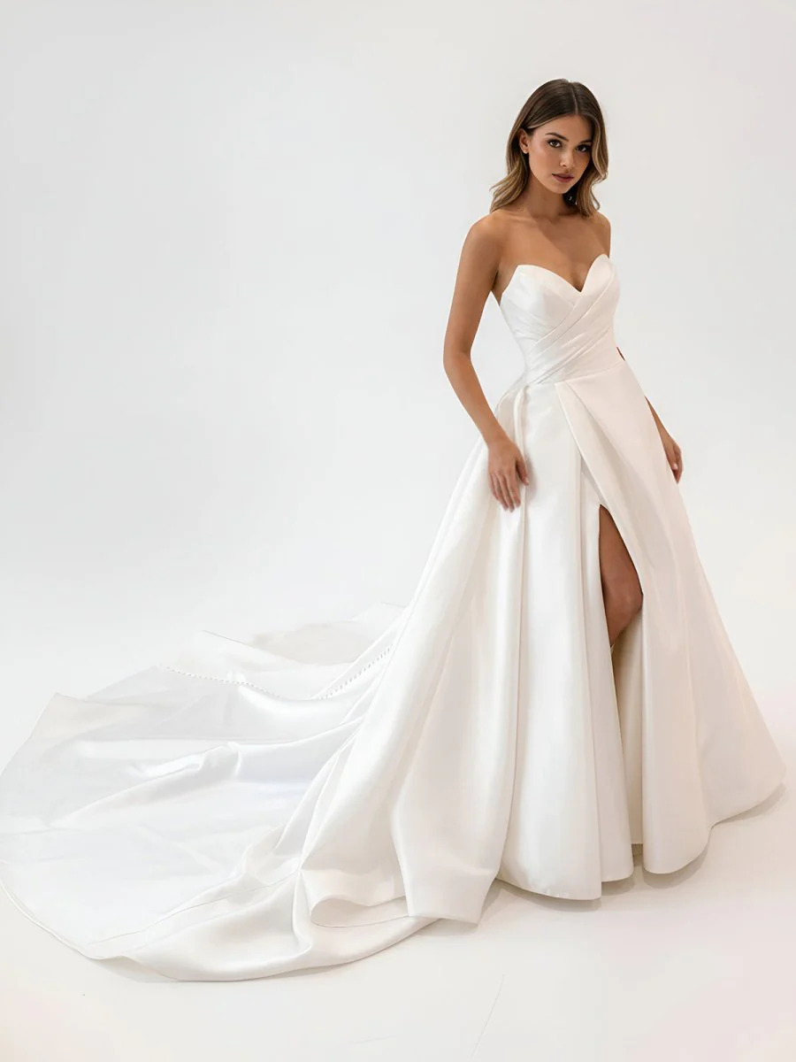 White Satin Long A-Line Wedding Dress with Slit