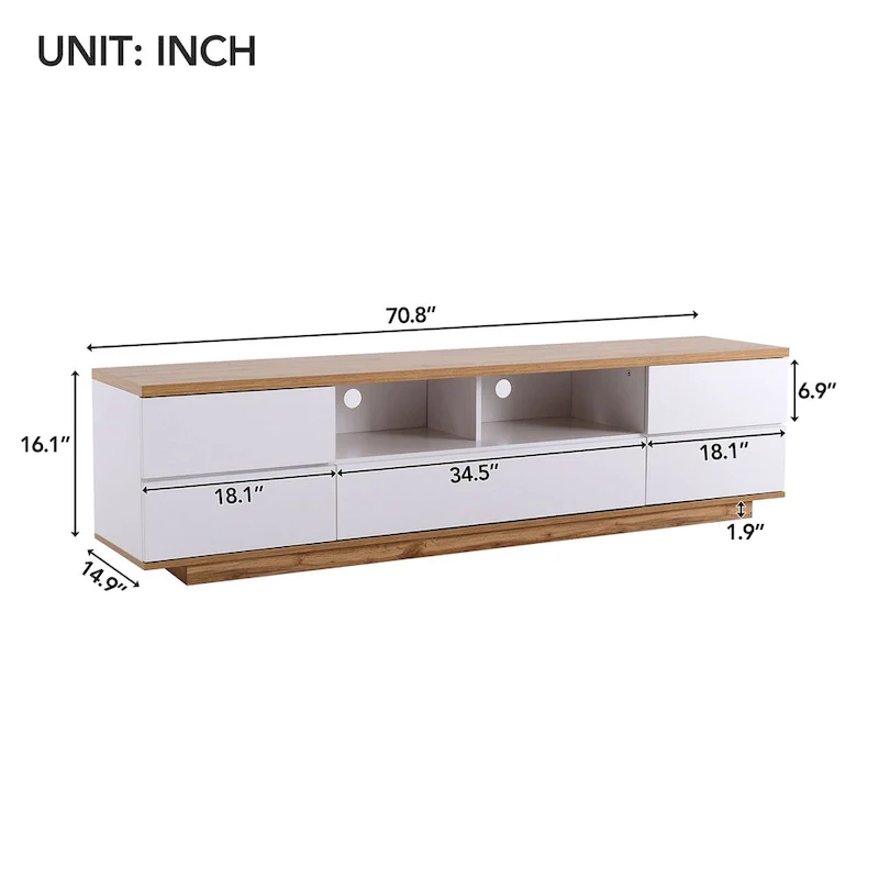 White / Natural Modern TV Stand with Push-Open Doors – Minimalist Style, Fits TVs up to 80