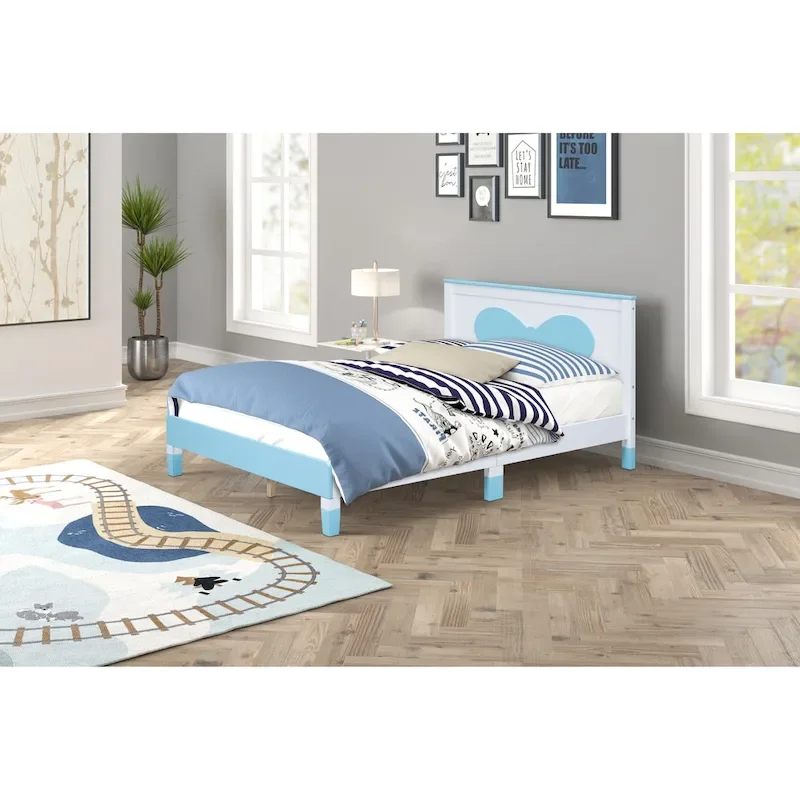 Kids Full Size Platform Bed, Bow-Shaped Headboard, Wood Frame, White & Blue, 1-Person Use