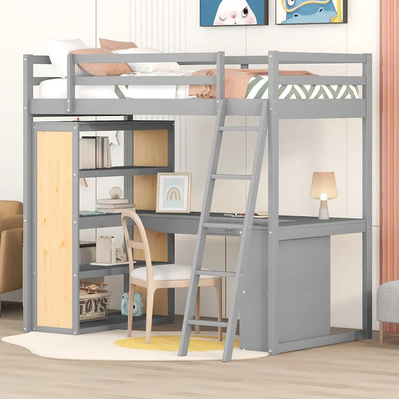 Twin Loft Bed with Desk and Shelves