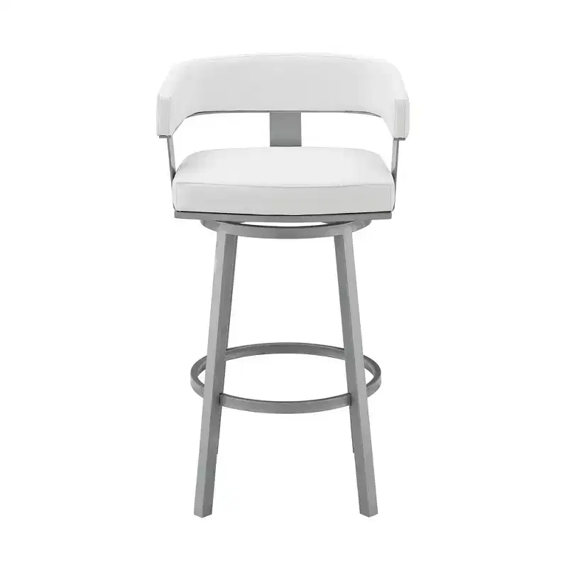 HomeRoots 30 White And Gray Faux Leather And Iron Swivel Low Back Bar Height Bar Chair
