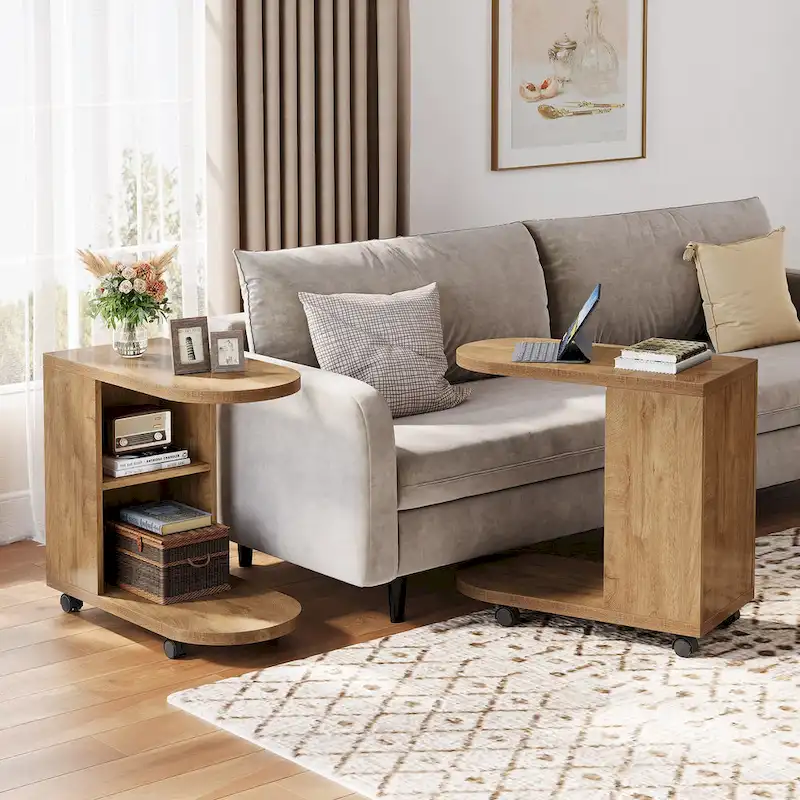 Oak C-Shaped Mobile Sofa Side Table with Multi-Tier Storage and Lockable Wheels – Set of 2