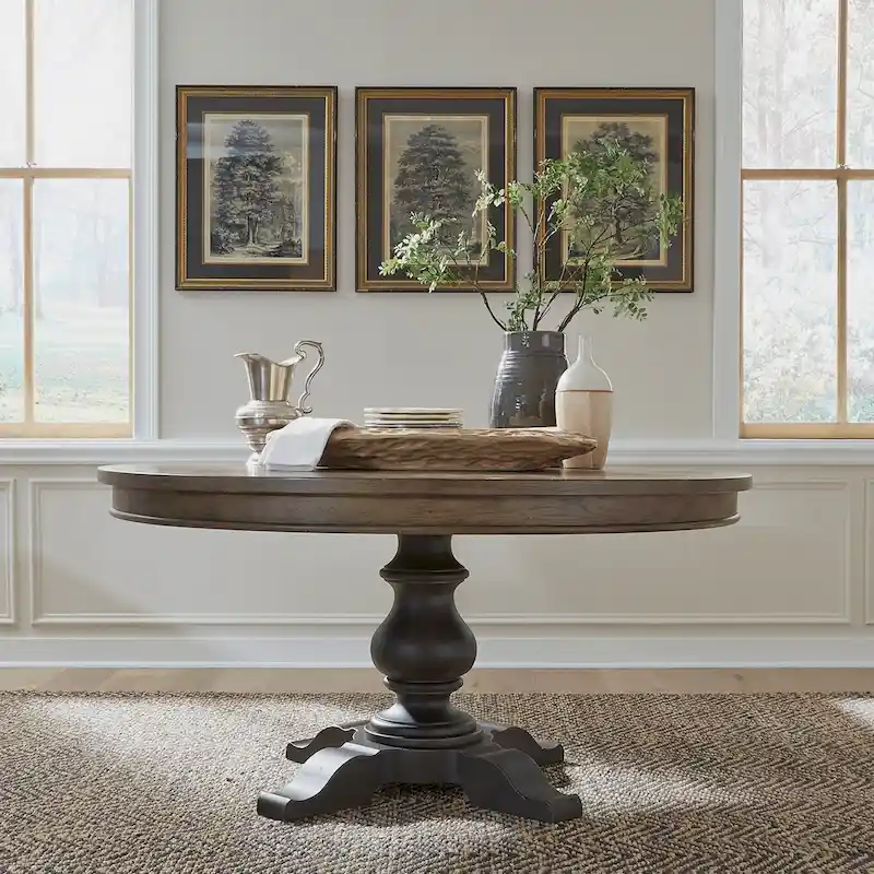 Americana Farmhouse Pedestal Table for Dining Room Oak Wood Top