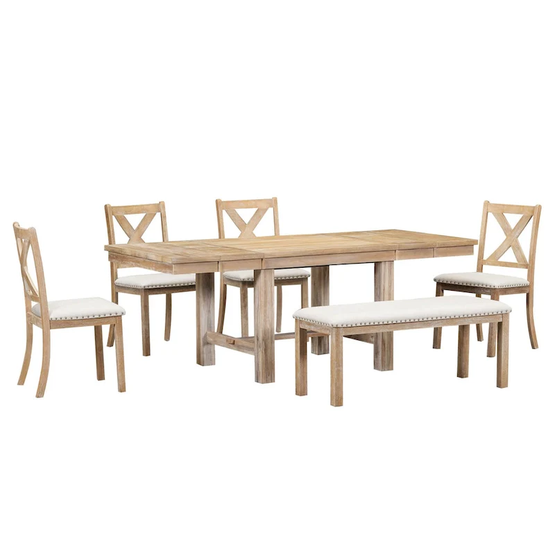 6-Piece Dining Table with Footrest, 4 Chairs and Dining Bench, Two 11 Removable Leaf
