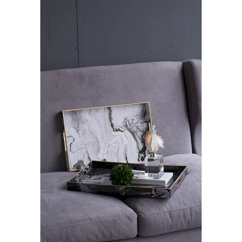 A&B Home Quinn Black and White Marble Rectangular Trays