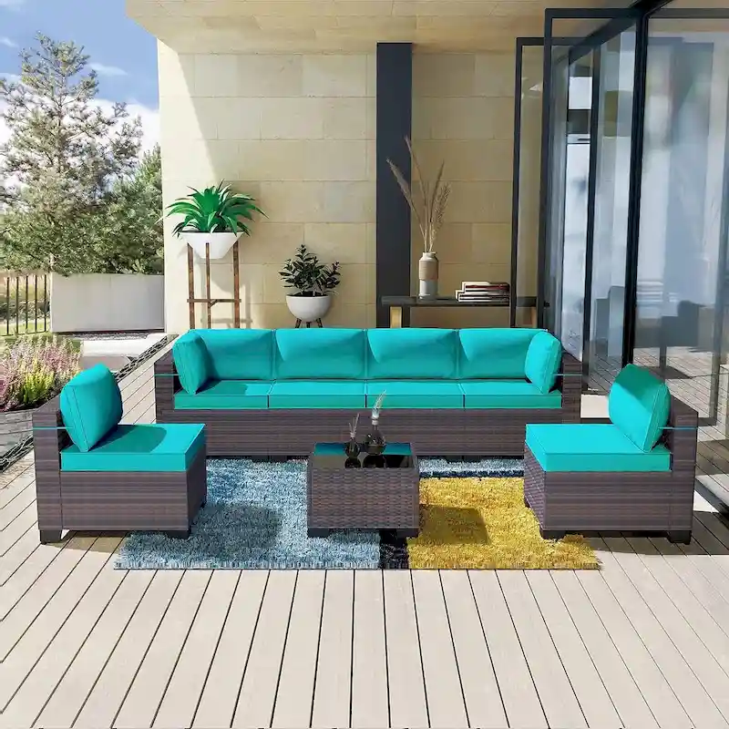 Kullavik 7 Pieces Outdoor Sectional Sofa Set Brown Wicker Patio Conversation Set with Seat Cushions and Tempered Glass Table