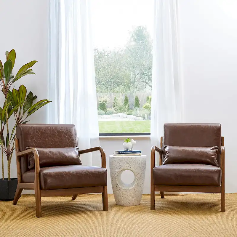 Glitzhome Set of 2 30.75 H Mid-Century Modern PU Leather Accent Chairs with Cushion - 25.75 W x 33.75 D x 30.75 H