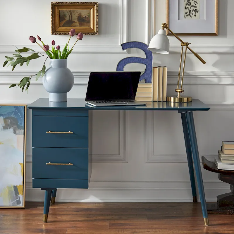 Mid-Century Desk with 2 Drawers & Gold Handles – Black / Walnut / White / Green / Green Lily / Midnight Blue, 1 Person