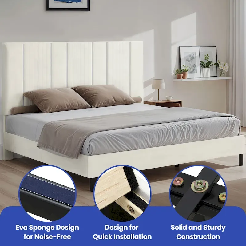 52King Vertical Channel Tufted Headboard Velvet Upholstered Platform Bed Frame