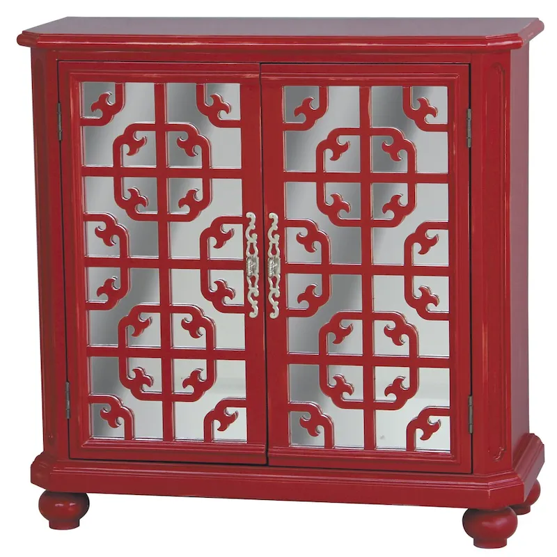 Hand Painted Distressed Red and Mirrored Finish Accent Chest - 13 x 34 x 34