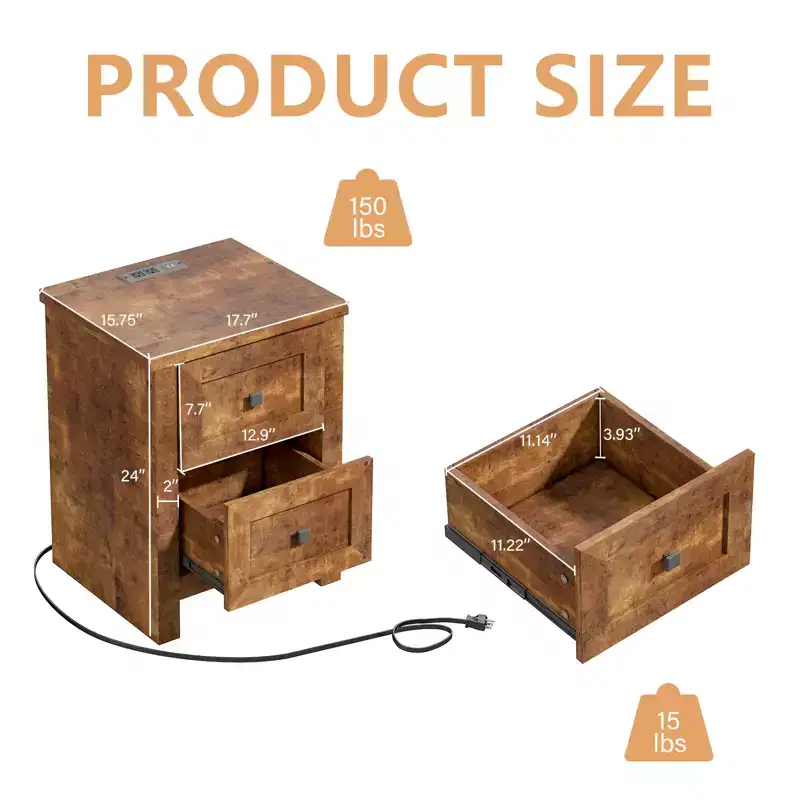 AMERLIFE Nightstand Set of 2 with Charging Station