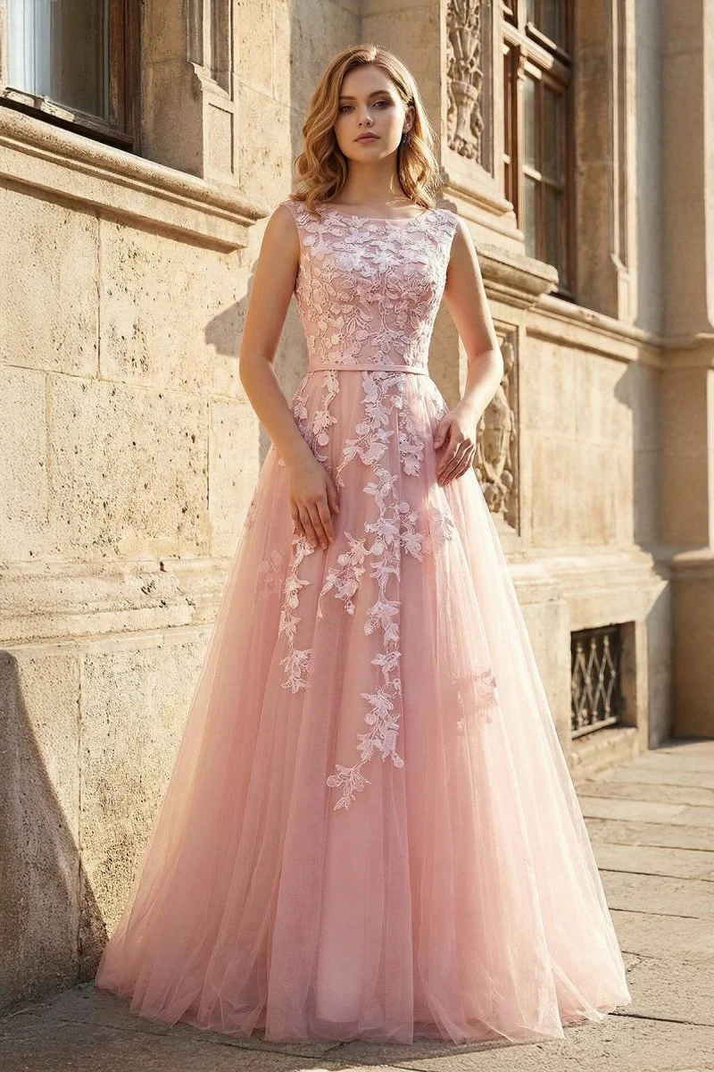 Pink Tulle Lace Long Prom Dress, Lovely A-Line Open Back Evening Dress