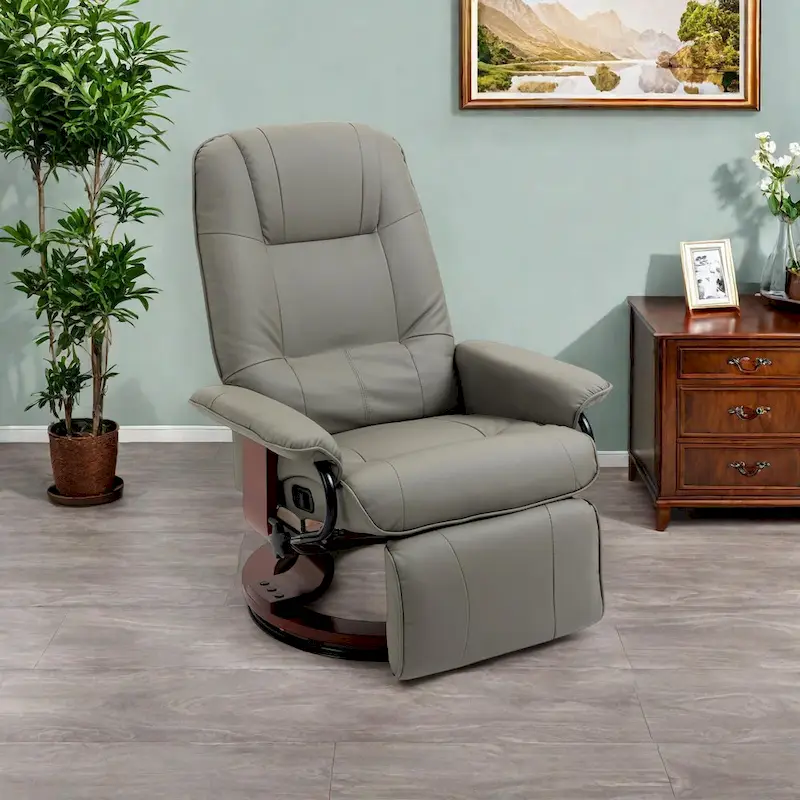 Faux Leather Manual Swivel Recliner Chair with Footrest, Armrest and Wrapped Wood Base