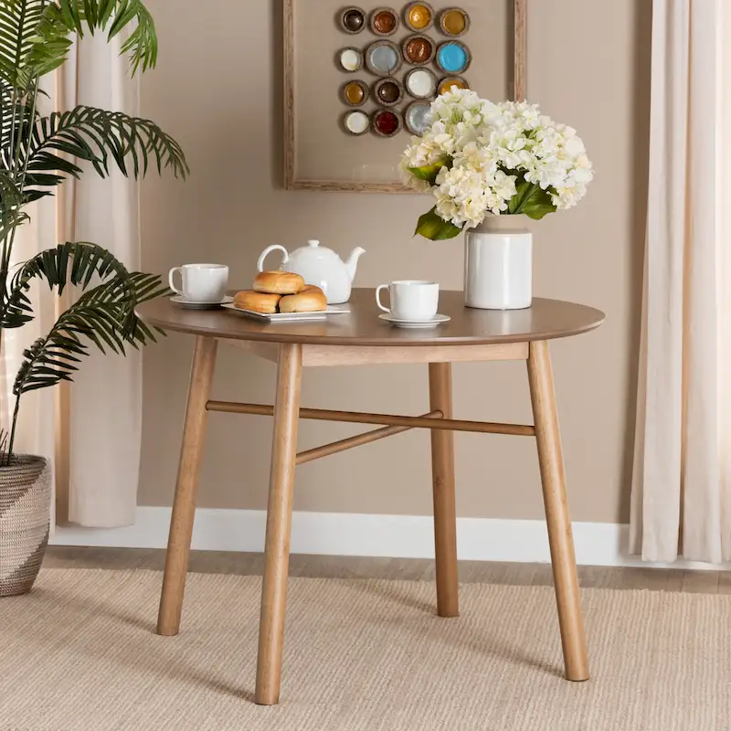 Oak Brown Mid-Century Round Rubberwood Dining Table with Angled Crisscross Legs – Seats 4