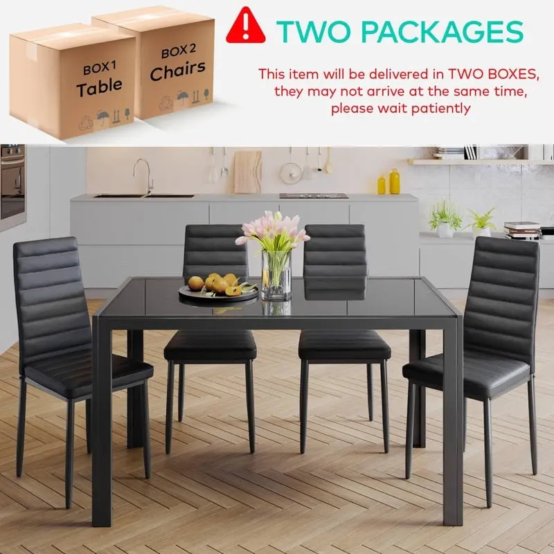 5 Pieces Glass Dining Table Set, 4 Person Modern Home Kitchen Chairs with High Back PU Leather Dining Chairs