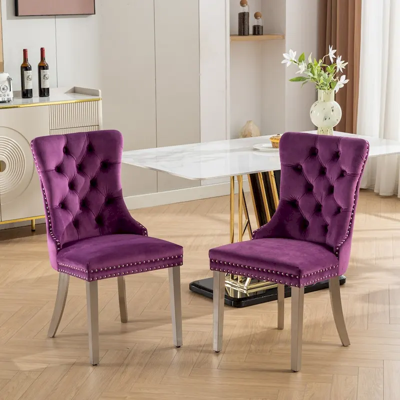 Set of 2 Velvet Dining Chairs with Nailhead Trim and Chrome-Plated Stainless Steel Legs