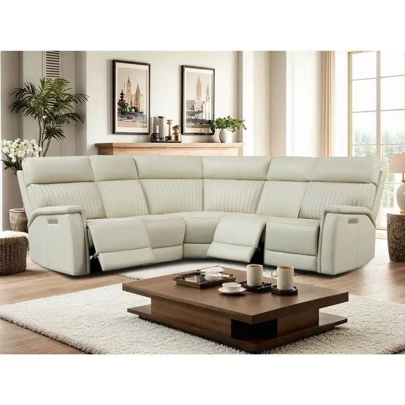 Cream / Blue, 2-Seat Genuine Leather Power Reclining Sectional Sofa with USB & USB-C Ports