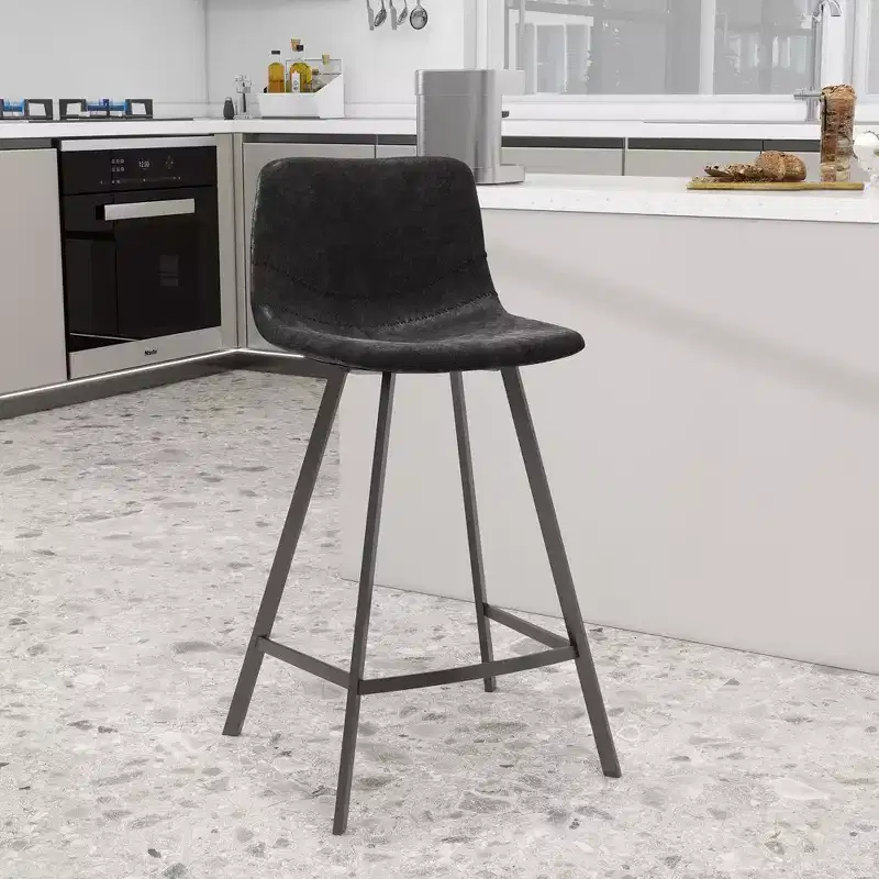 LeisureMod 35 Counter Stool Upholstered Leather Ergonomic Backrest Padded Seat Stainless Steel Base and Footrest Elland Collection