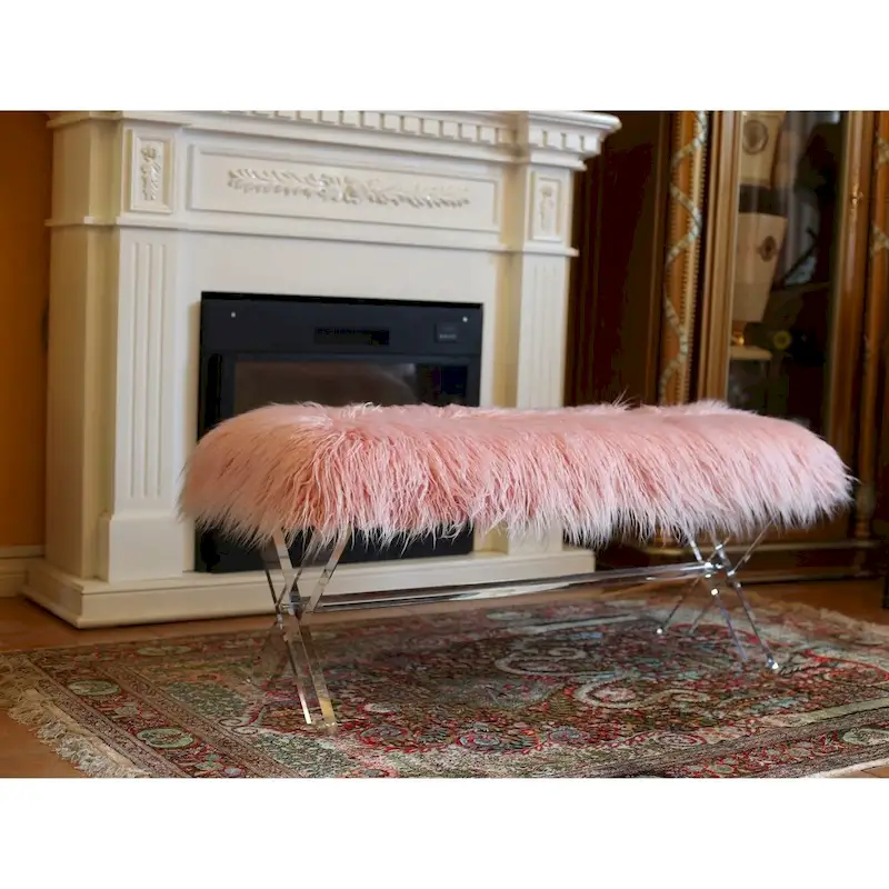 Pink / White Faux Fur X-Leg Bench – Glam Style, 2 Person Use