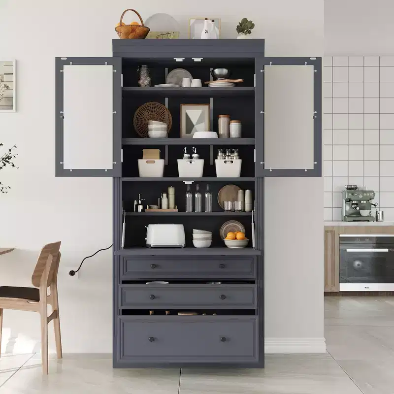GDFStudio Waylon Kitchen Pantry Storage Cabinet with Power Outlet, 3 Drawers and Adjustable Shelves