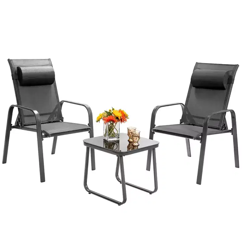 Costway 3PCS Patio Bistro Furniture Set Adjustable Back Stackable Chairs Brown\Black