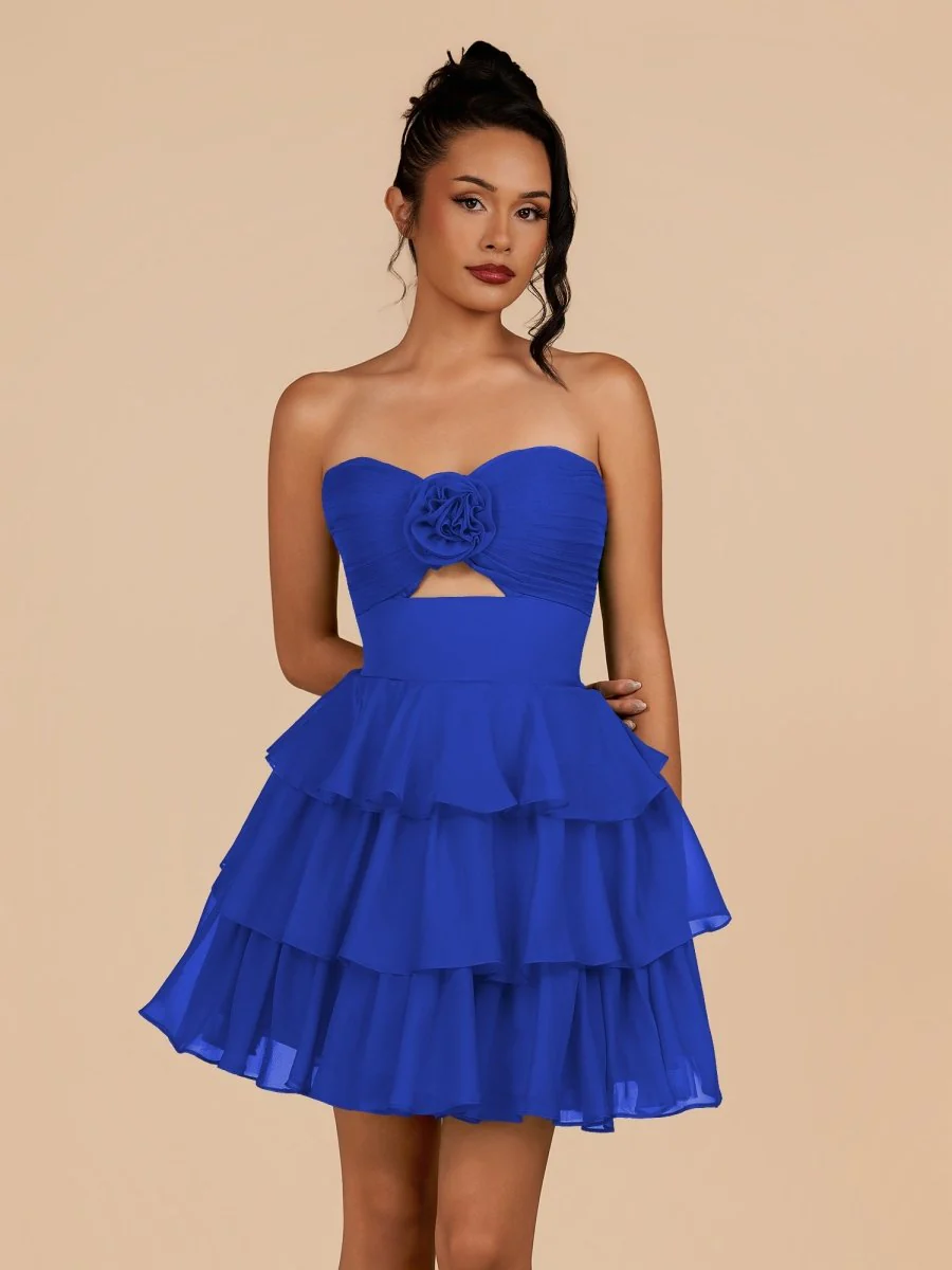 Royal Blue - Strapless A Line Chiffon Ruffles Homecoming Dresses With Flower