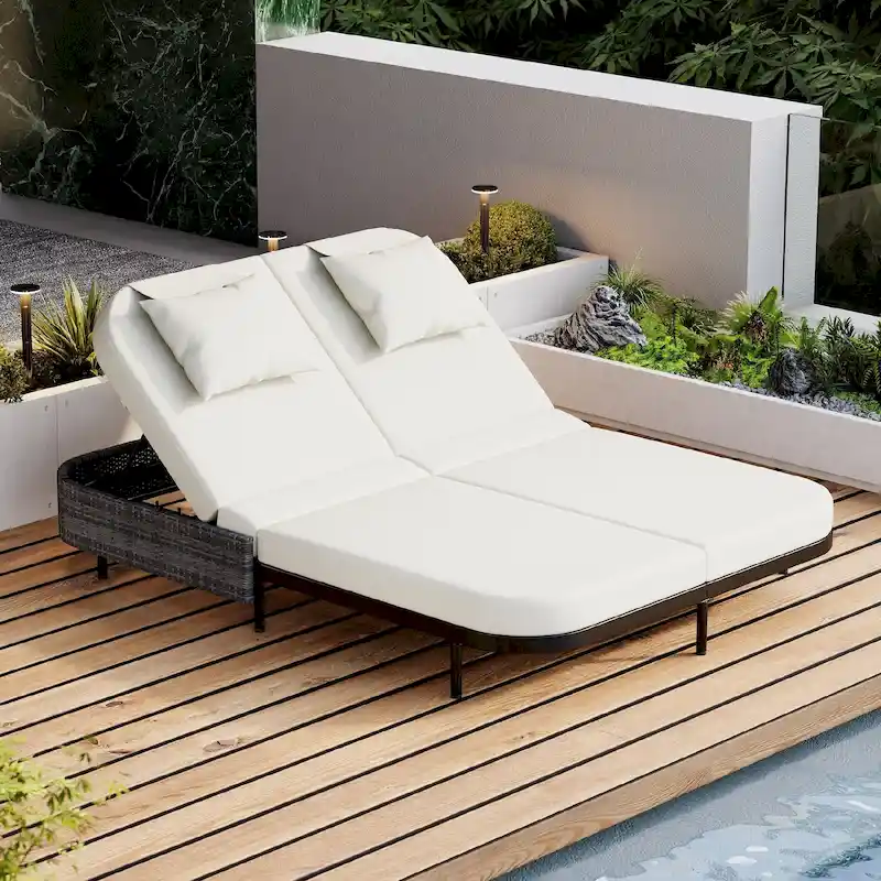 Patio Rattan Daybed with 5-Position Adjustable Backrest and Removable Cushions&Pillows
