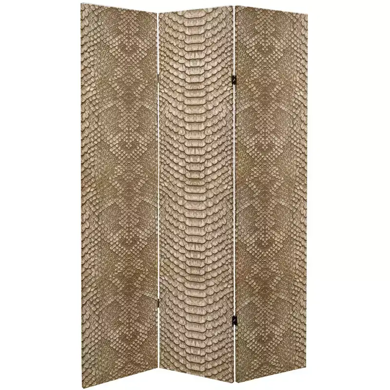 6" Double Sided Snake Print Canvas Room Divider Tan - Oriental Furniture: No Assembly, 3 Panels