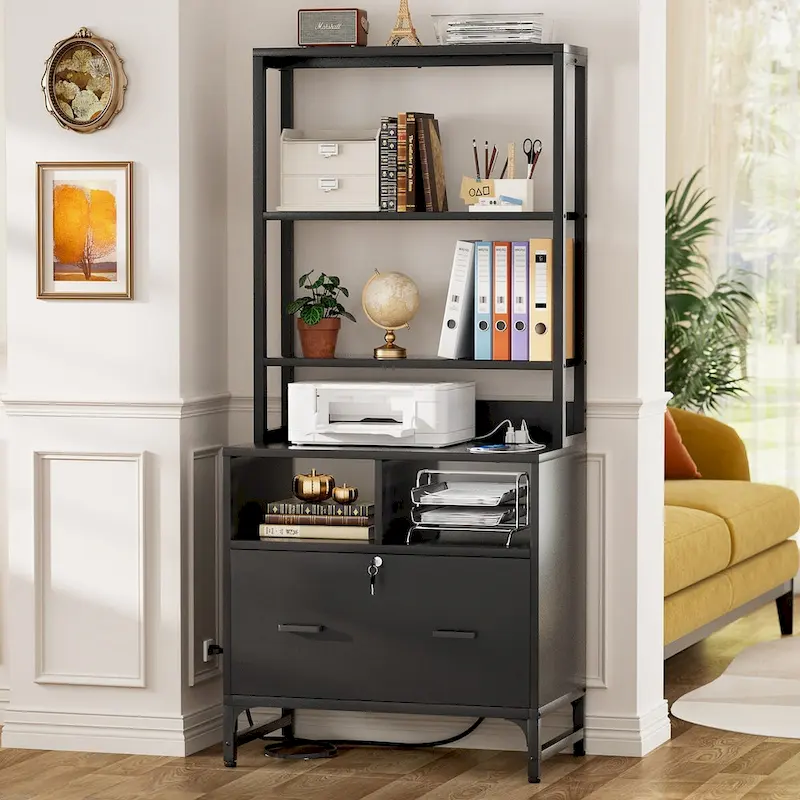 Grey / Black Farmhouse Hutch Sideboard with Locked Drawers & USB Station – 1-Person Home Office
