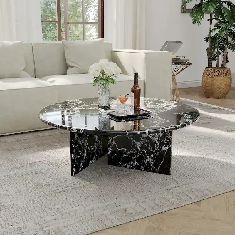 35.43 Modern Round Coffee Table,Glossy Faux Marble Table top