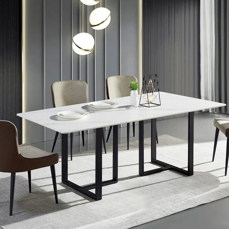 63 Modern and Minimalist Rectangular Stone Dining Table, Black Metal Frame
