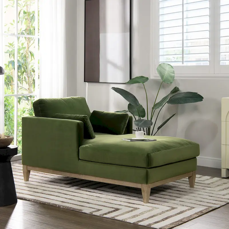 Performance Velvet Chaise Lounge Chair, 1-Seat (Olive Green / Beige / Deep Brown)