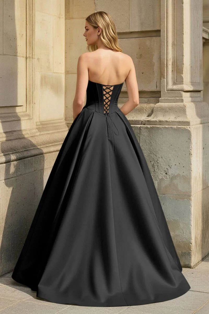 Pink Strapless A Line Pleated Satin Long Prom Dresses With Flower