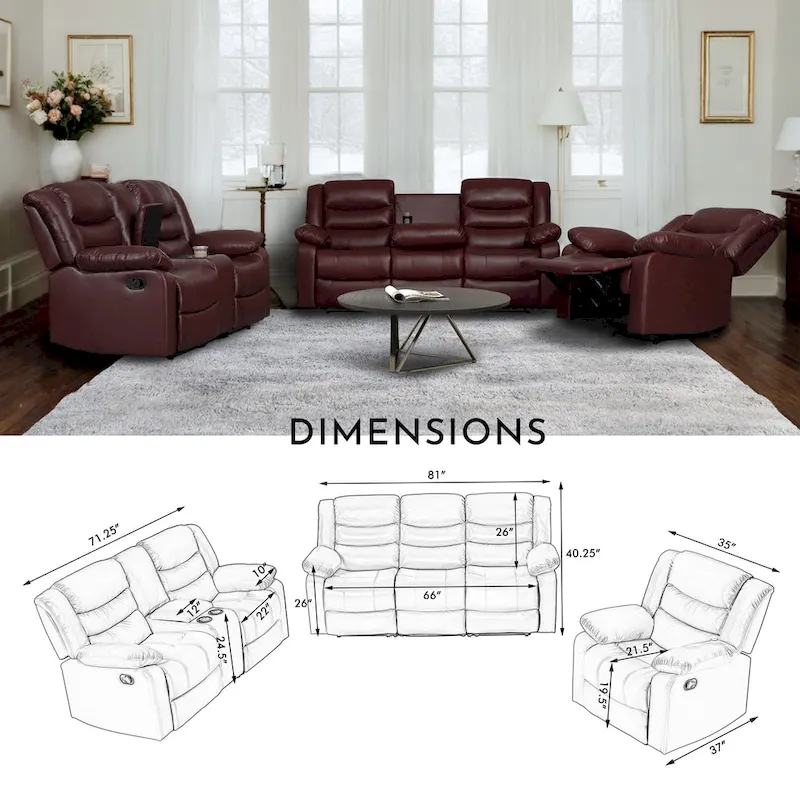 3 Piece Faux Leather Manual Reclining Livingroom Sofa Set with Dropdown Table and Console