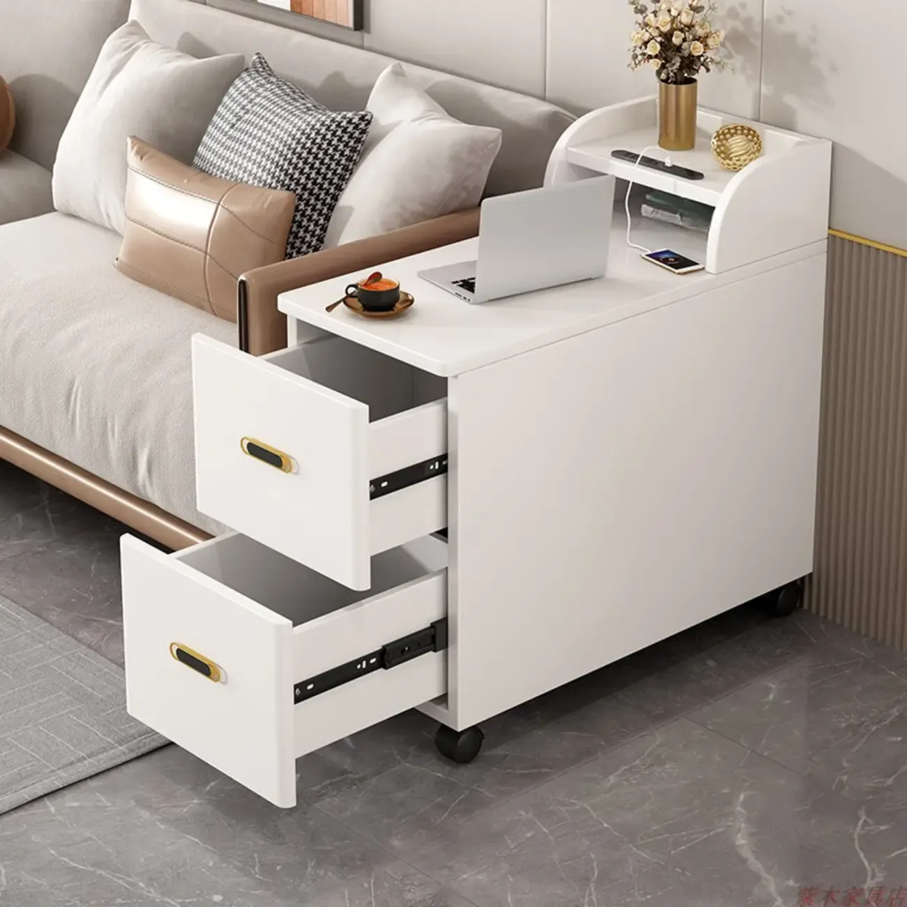 Narrow Rolling White 2-Drawer End Table with USB Charge