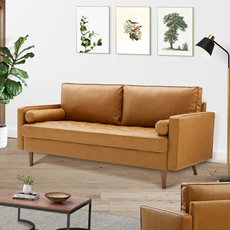 Modern Tan Leather Upholstered Sofa