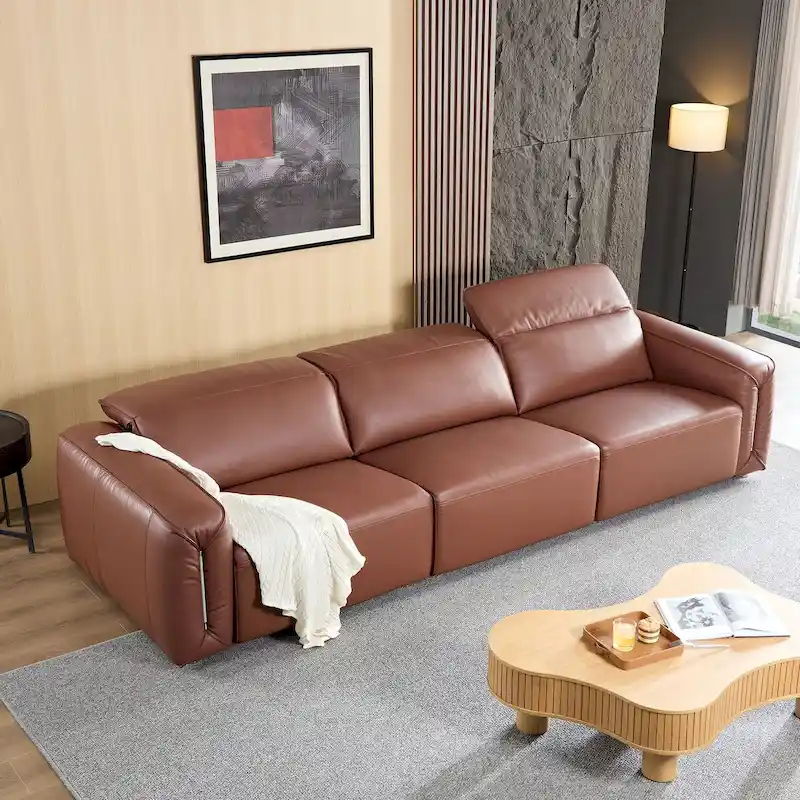 Brown / Grey Blue Modern Line 3-Seater Leather Sofa