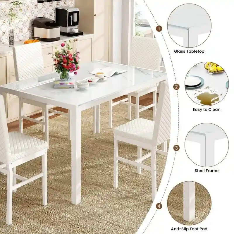 Modern Dining Room Table with Tempered Glass Tabletop and Diamond Stitching PU Leather Chairs