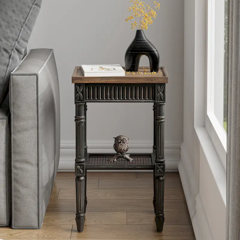 White / Black Distressed Accent Side Table with Tray Top & Wicker Shelf, 1-Person Use