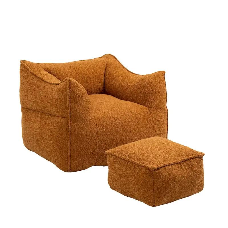 Boucle Upholstered Deep Seat Armless Square Bean Bag Chair with Ottoman