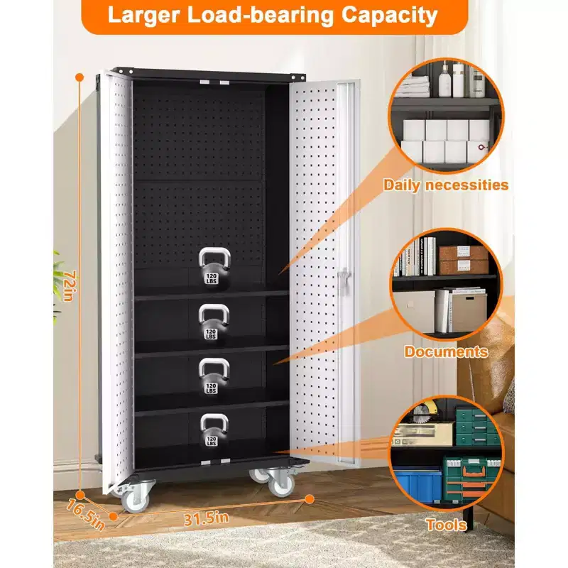 72 H Metal Storage Cabinet with Wheels, Garage Storage Cabinet with Adjustable Shelves and 2 Doors for Garage Home Office Utility Room