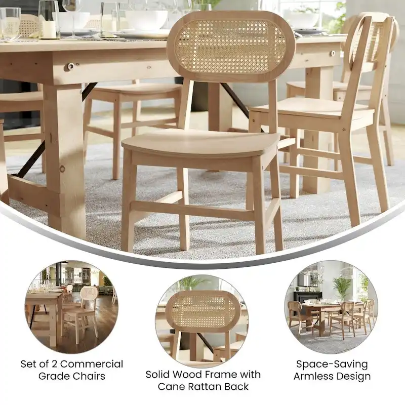Set of 2 Cane Rattan Dining Chairs with Wood Frame