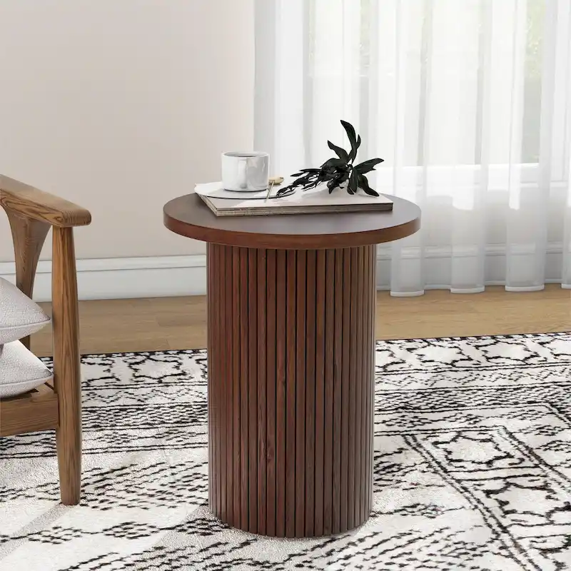 Round Wood End Table Fluted Pedestal Side Table