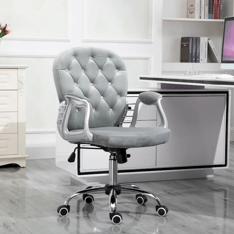 Velvet Tufted Mid-Back Swivel Office Chair – Grey/Black/Tan/White/Pink, Single
