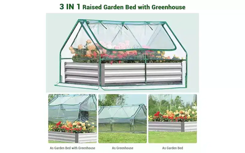6x3x3Ft Raised Garden Bed with Greenhouse Cover, 2-Tier Roll-Up Windows, Galvanized Steel Planter Box